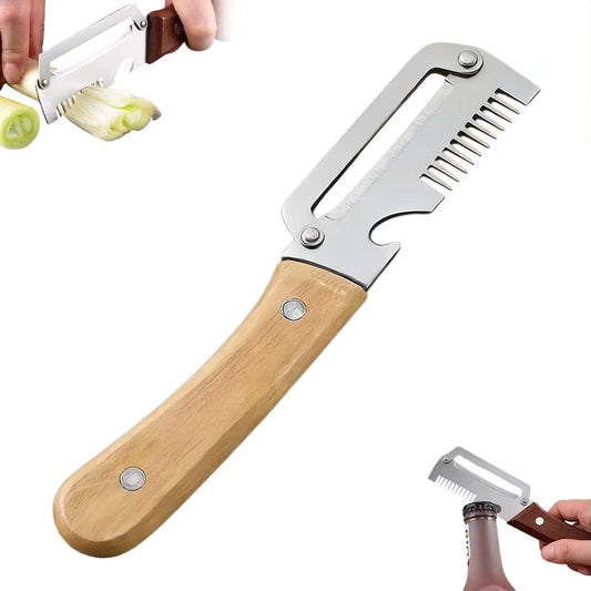 3-in-1 Stainless Steel Vegetable Peeler with Wooden Handle Fruit Potato Peeler with Bottle Opener Kitchen Peeling Cooking Tools