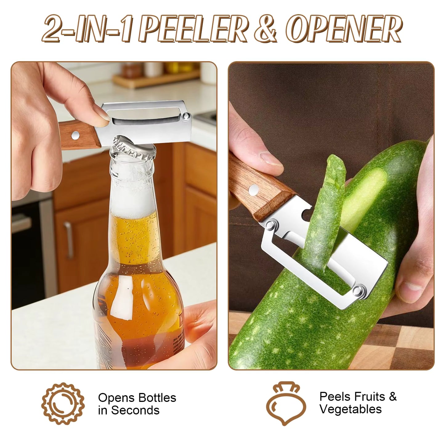 3-in-1 Stainless Steel Vegetable Peeler with Wooden Handle Fruit Potato Peeler with Bottle Opener Kitchen Peeling Cooking Tools